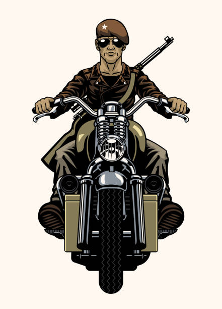 illustrations, cliparts, dessins animés et icônes de militaire militaire homme conduisant la moto de la 2e guerre mondiale - tank top illustrations