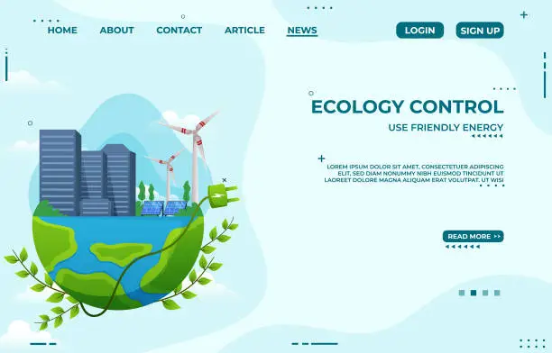 Vector illustration of Concept of save energy sustainability or environmental world protection. Windmill and city on earth. Vector illustration