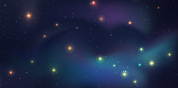 Illustration of starry night scene galaxy space background. The universe consists of stars, black hole, nebula, spiral galaxy, milky way and planets