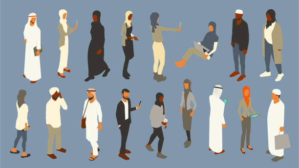 ilustraciones, imágenes clip art, dibujos animados e iconos de stock de pueblo musulmán isométrico - middle eastern ethnicity illustrations