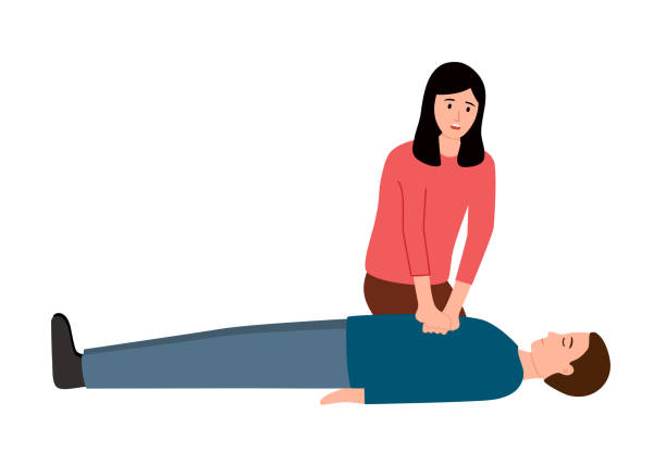 Emergency cardiopulmonary resuscitation concept vector illustration. Female CPR first aid to male patient in flat design. Emergency cardiopulmonary resuscitation concept vector illustration. Female CPR first aid to male patient in flat design. faint stock illustrations