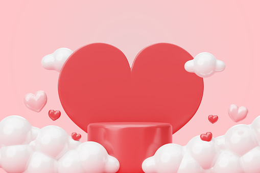 Valentine's day sale red podium with heart and cloud background 3D illustration empty display scene presentation for product placement