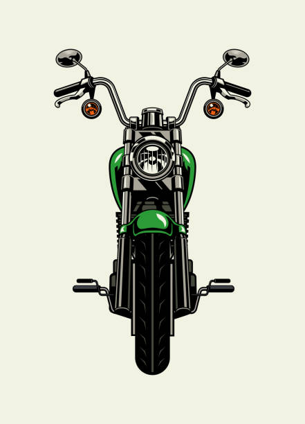 widok z przodu zabytkowy motocykl z wysoką kierownicą - engine throttle handlebar machine part stock illustrations