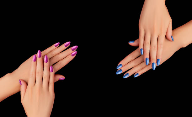 Trendy pink and blue with glitter manicure design on a beautiful black background