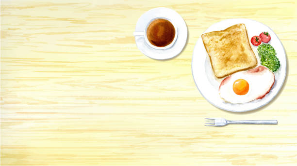 ilustrações de stock, clip art, desenhos animados e ícones de watercolor illustration of overhead view breakfast on the table - coffee fried egg breakfast toast