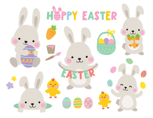 Grey Easter Bunny Rabbits with Chicks and Easter Eggs Vector Illustration vector art illustration