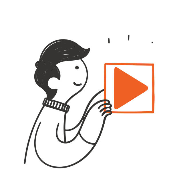 handgezeichnetes doodle person zeigt und drücken play button illustration vektor - interface icons push button square shape badge stock-grafiken, -clipart, -cartoons und -symbole