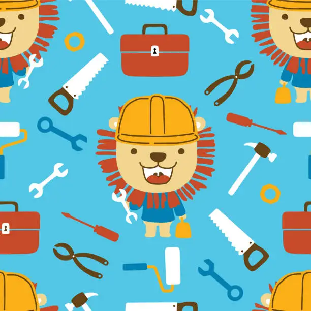 Vector illustration of Seamless pattern vector of funny lion in builder costume with work tools.