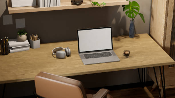 istock Comfortable home working space with notebook laptop mockup and decor on wooden desk 1455878133