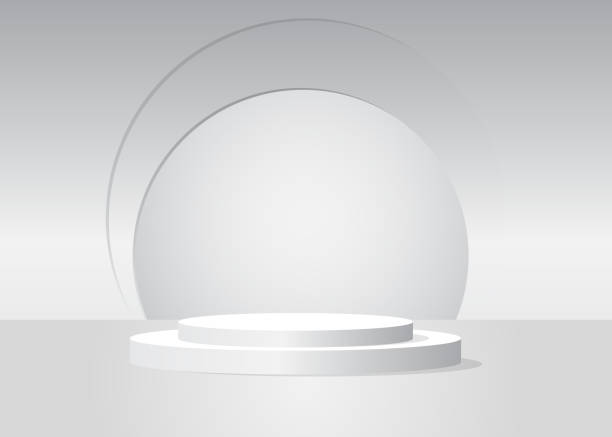 istock White cylinder pedestal podium. Abstract Mockup product display. Stage showcase for product display presentation. Realistic vector 3D room. Futuristic Sci-fi minimal geometric forms, empty scene. 1455880197