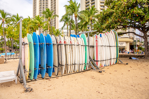 Honolulu, Hawaii - January 1, 2023: Surfboards lined up for rent  in Waikiki.