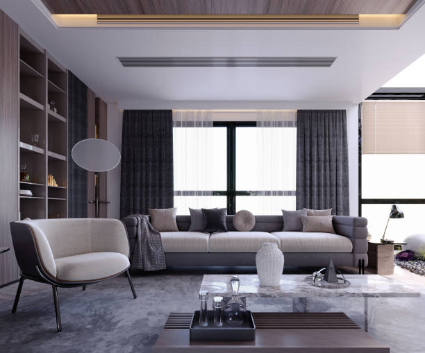 istock 3d rendering,3d illustration, Interior Scene and  Mockup,modern style living room,decorative wall shelves and fireplace. 1455880561
