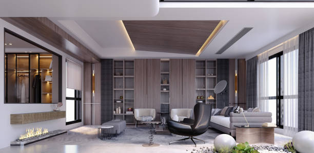 istock 3d rendering,3d illustration, Interior Scene and  Mockup,modern style living room,decorative wall shelves and fireplace. 1455880562