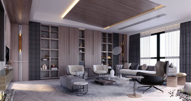 istock 3d rendering,3d illustration, Interior Scene and  Mockup,modern style living room,decorative wall shelves and fireplace. 1455880566