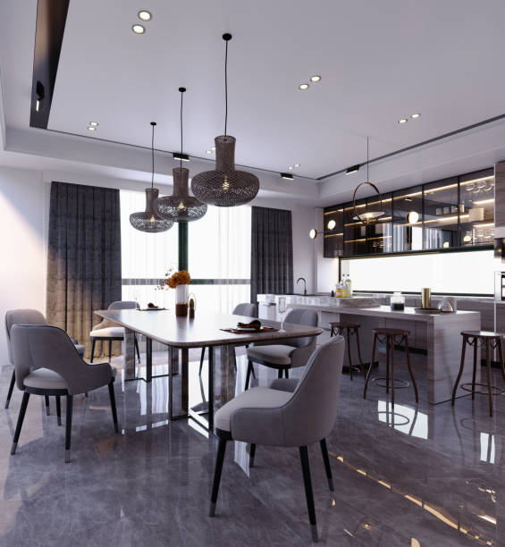 istock 3d rendering,3d illustration, Interior Scene and  Mockup,kitchen and dining room render modern style,and minibar. 1455880580