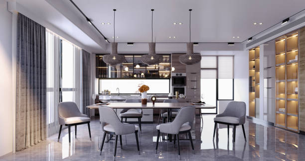istock 3d rendering,3d illustration, Interior Scene and  Mockup,kitchen and dining room render modern style,and minibar. 1455880582