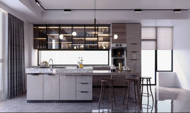 istock 3d rendering,3d illustration, Interior Scene and  Mockup,kitchen and dining room render modern style,and minibar. 1455880583