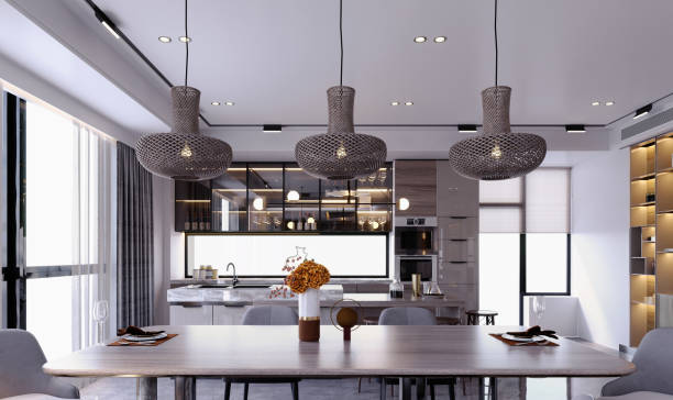 istock 3d rendering,3d illustration, Interior Scene and  Mockup,kitchen and dining room render modern style,and minibar. 1455880585