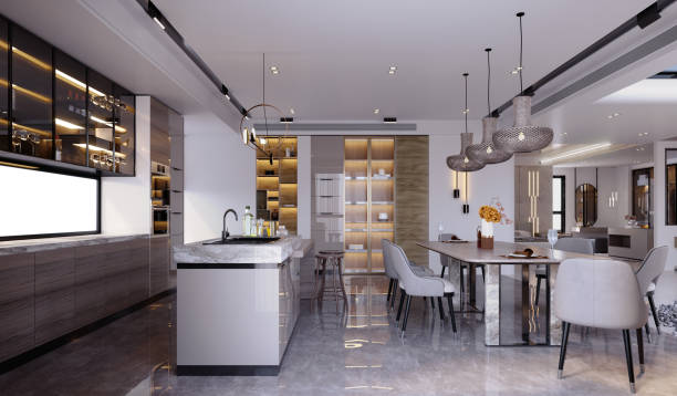 istock 3d rendering,3d illustration, Interior Scene and  Mockup,kitchen and dining room render modern style,and minibar. 1455880589