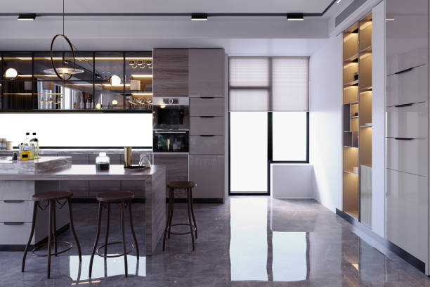 istock 3d rendering,3d illustration, Interior Scene and  Mockup,kitchen and dining room render modern style,and minibar. 1455880591
