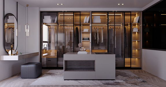 3d rendering,3d illustration, Interior Scene and  Mockup,dressing room and walk in closet render in modern style.