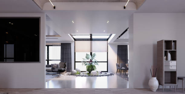 istock 3d rendering,3d illustration, Interior Scene and  Mockup,living room, dining room and home garden. 1455881237