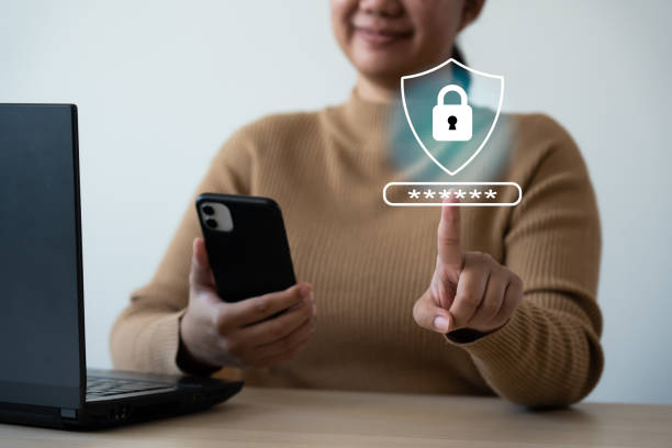 istock Two factor multi privacy protection for password online account. Concept of mobile phone safety. 1455881484