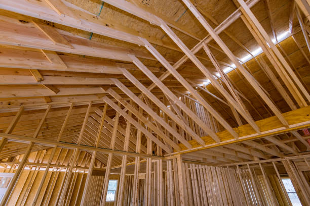 istock Framing for the interior of a new house under construction, truss beams frame system for a new house under construction 1455881664