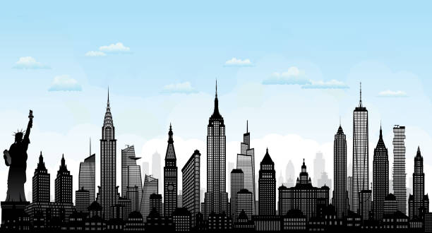 illustrazioni stock, clip art, cartoni animati e icone di tendenza di skyline di new york (tutti gli edifici sono mobili e completi) - new york city panoramic statue of liberty skyline