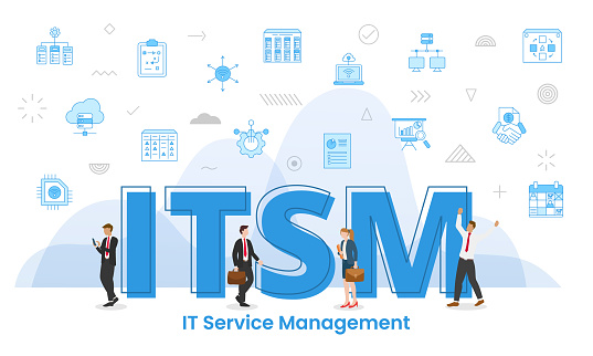 itsm information technology service management concept with big words and people surrounded by related icon spreading vector illustration