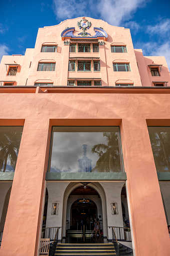 Honolulu, Hawaii - January 1, 2022: View of the Royal Hawaiian Hotel in Waikiki.