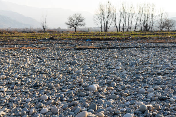 Dry river bed with stones in the winter