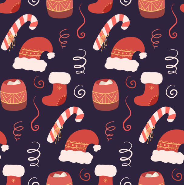 stockillustraties, clipart, cartoons en iconen met background with red hand drawn new year hats, treats and sock on violet background. vector seamless christmas pattern. - hot chocolate purple