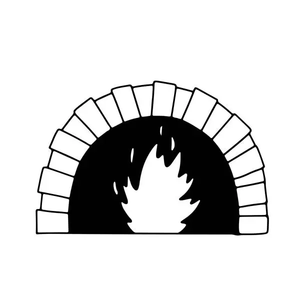Vector illustration of Oven with fire for cooking pizza. Doodle sketch