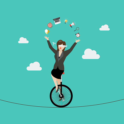 Blind business woman riding unicycle on a wire. Business risk concept. vector illustration