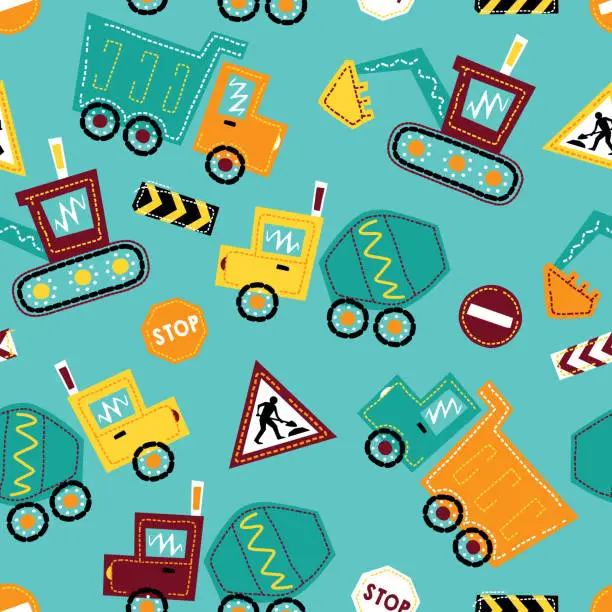 Vector illustration of Seamless pattern vector of construction vehicles cartoon with construction signs