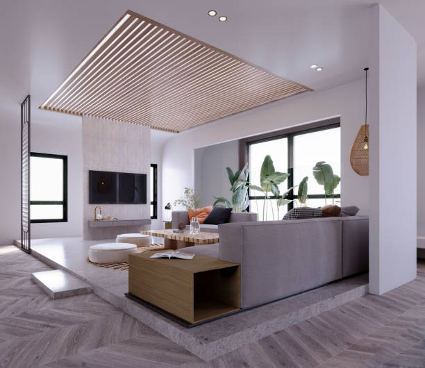 istock 3d rendering,3d illustration, Interior Scene and  Mockup,scandinavian style living room,skylight in the ceiling and garden. 1455887109