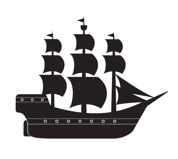 Vector illustration of Old sail boat icon, vector illustration, black on white background