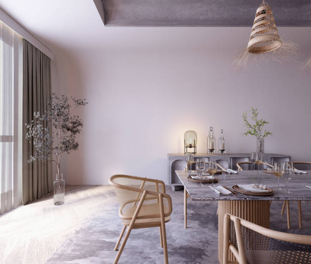 istock 3d rendering,3d illustration, Interior Scene and  Mockup,dining room scandinavian style wooden furniture,sitting area by the window. 1455887122