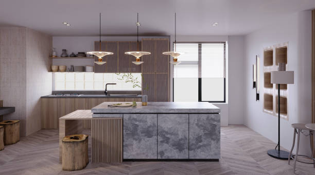 istock 3d rendering,3d illustration, Interior Scene and  Mockup,kitchen and bar 3d render,scandinavian style wooden furniture. 1455887136