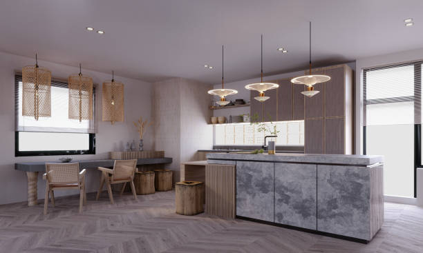 istock 3d rendering,3d illustration, Interior Scene and  Mockup,kitchen and bar 3d render,scandinavian style wooden furniture. 1455887142