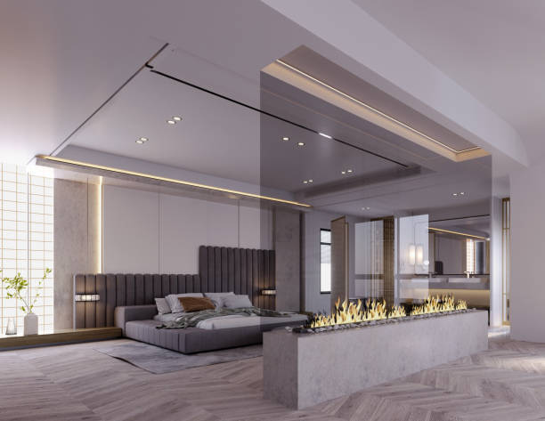 istock 3d rendering,3d illustration, Interior Scene and  Mockup,modern minimalist bedroom with fireplace, 1455887150