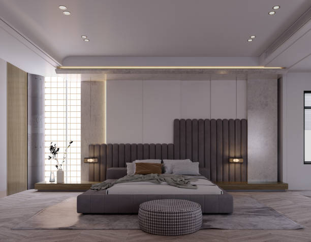 istock 3d rendering,3d illustration, Interior Scene and  Mockup,modern minimalist bedroom with fireplace, 1455887153
