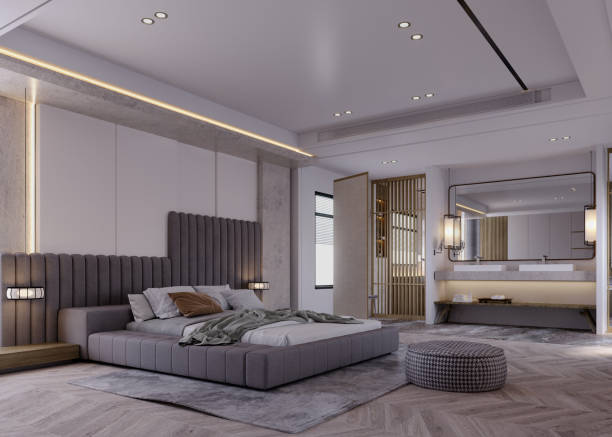 istock 3d rendering,3d illustration, Interior Scene and  Mockup,modern minimalist bedroom with fireplace, 1455887157