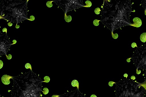 A black background with an abstract green patterned frame