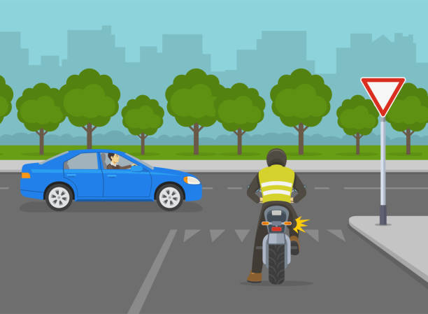 Biker is about to turn right on road with "give way" sign. Yield to traffic on the major road. Motorcycle riding tips and traffic regulation rules. Biker is about to turn right on road with "give way" sign. Yield to traffic on the major road. Flat vector illustration template. major cities stock illustrations