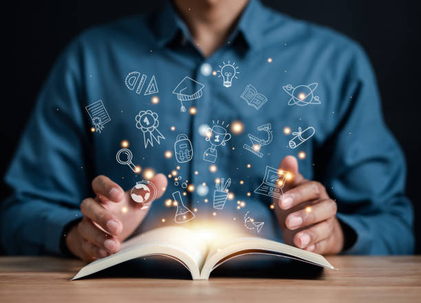 istock Man reading book with learning education icons which is a symbol of study a knowledge will help solve problem, study knowledge to creative thinking idea and problem solving solution concept. 1455891974