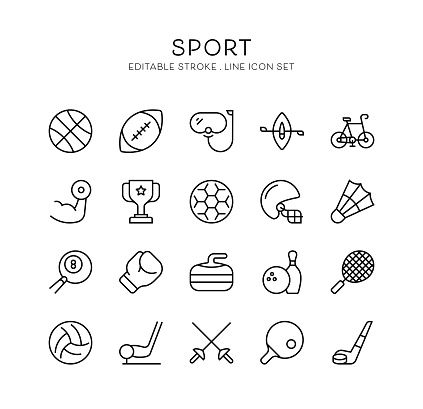 Basketball, Football, Soccer, Ping Pong, Volleyball, Golf, Swimming, Boxing, Canoe, Ince Skate, Badminton, Fitness, Bowling, Ice Hockey, American Football, Winner, Tennis, Billiard, Curling, Fencing Icons.