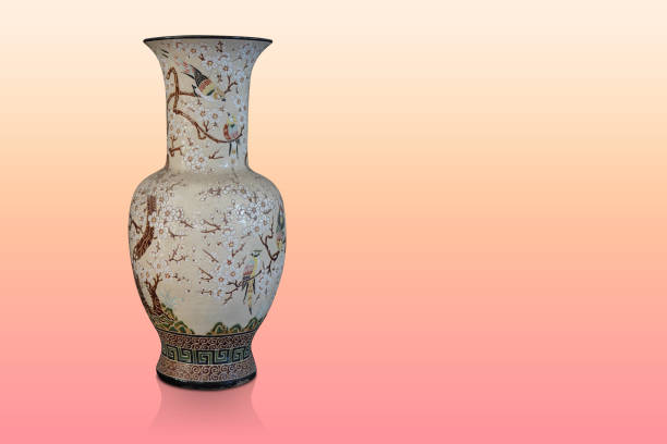 antique big cream and black ceramic vases on gradient orange and pink background, object, decor, retro, gift, fashion, copy space