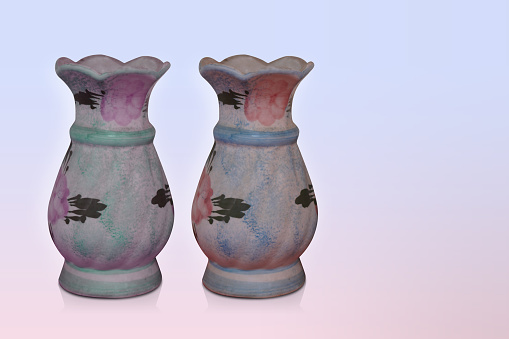 two ceramic pottery vases on gradient violet and pink background, object, decor, dirty, copy space